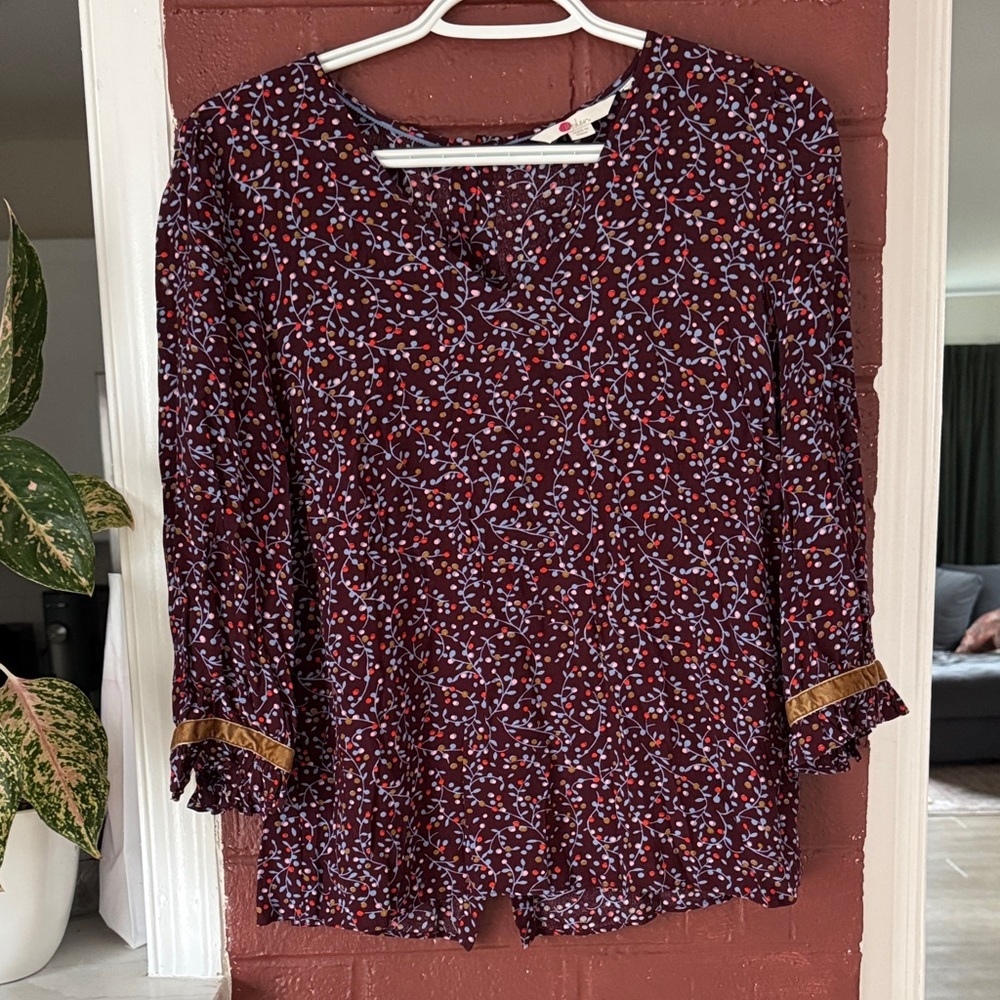 Boden Burgundy and Blue Floral Blouse with Velvet Accents